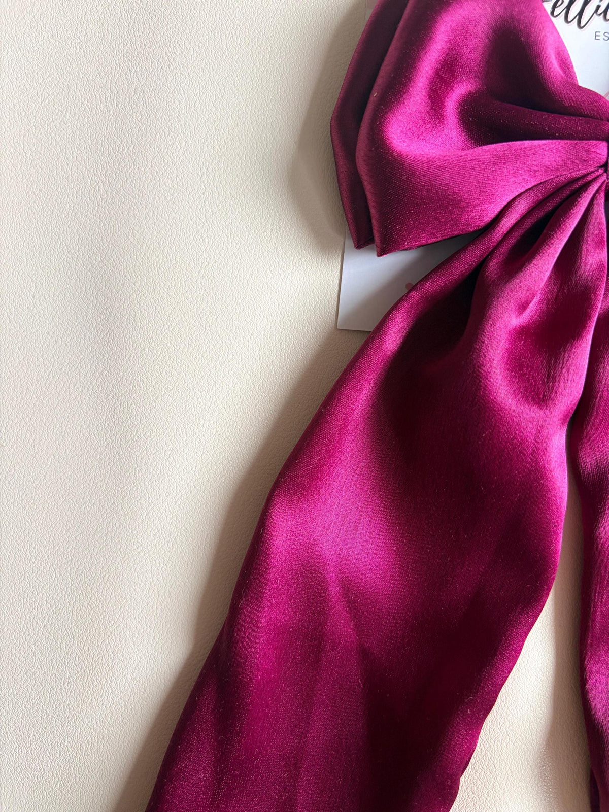 Magenta Satin Long Tail Hair Bow, Oversized Coquette Clip, Elegant Bridal Bridesmaid Accessory