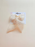 Sparkly Organza Hair Bow with Tails, Rhinestone Crinkle Texture Clip