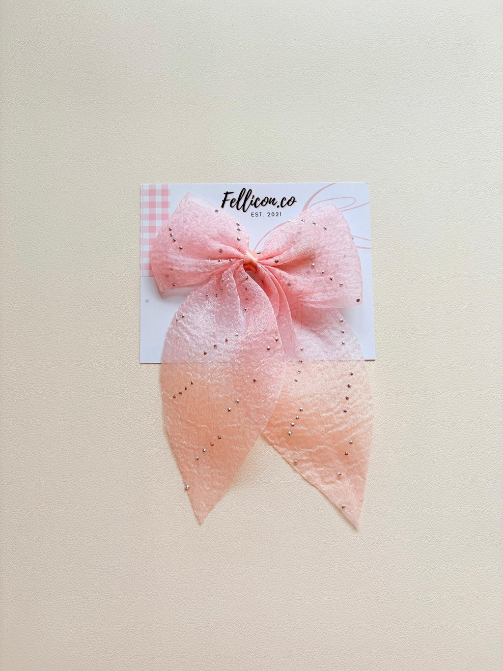 Sparkly Organza Hair Bow with Tails, Rhinestone Crinkle Texture Clip