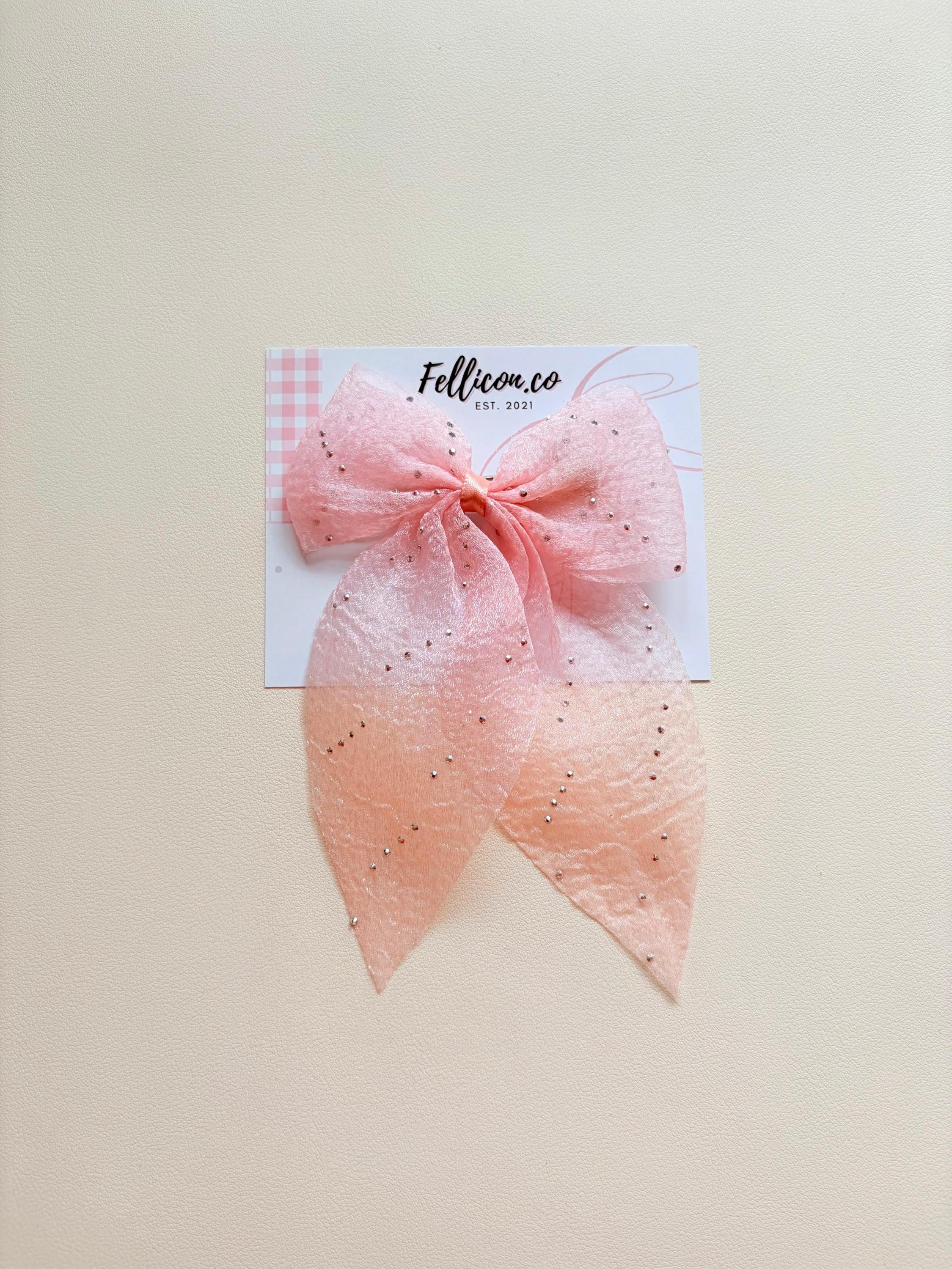 Sparkly Organza Hair Bow with Tails, Rhinestone Crinkle Texture Clip