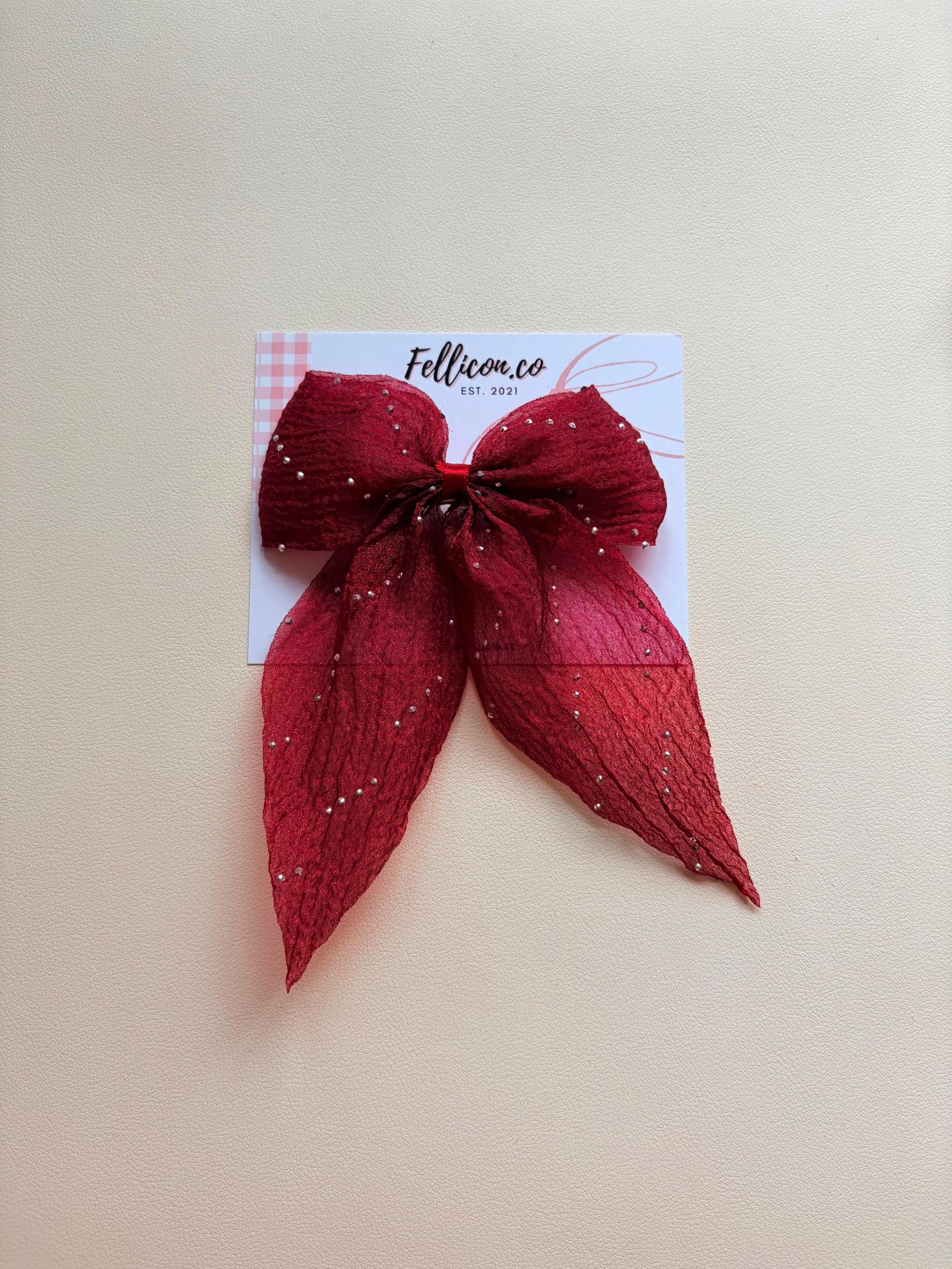 Sparkly Organza Hair Bow with Tails, Rhinestone Crinkle Texture Clip