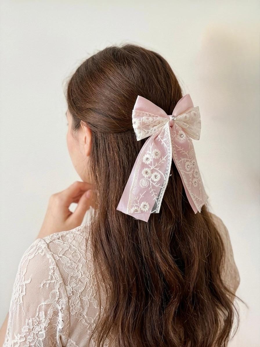 Pink Lace Hair Bow with Rhinestones | Floral Embroidery Clip for Cottagecore Weddings