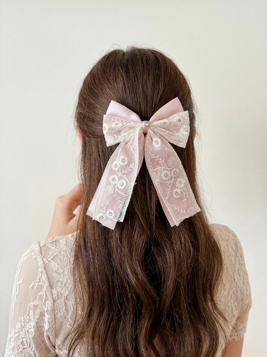 Pink Lace Hair Bow with Rhinestones | Floral Embroidery Clip for Cottagecore Weddings