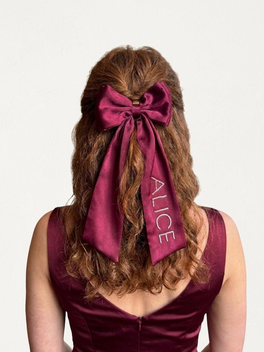 Personalized Rhinestone Satin Hair Bow, Oversized Long Tail Ribbon Clip