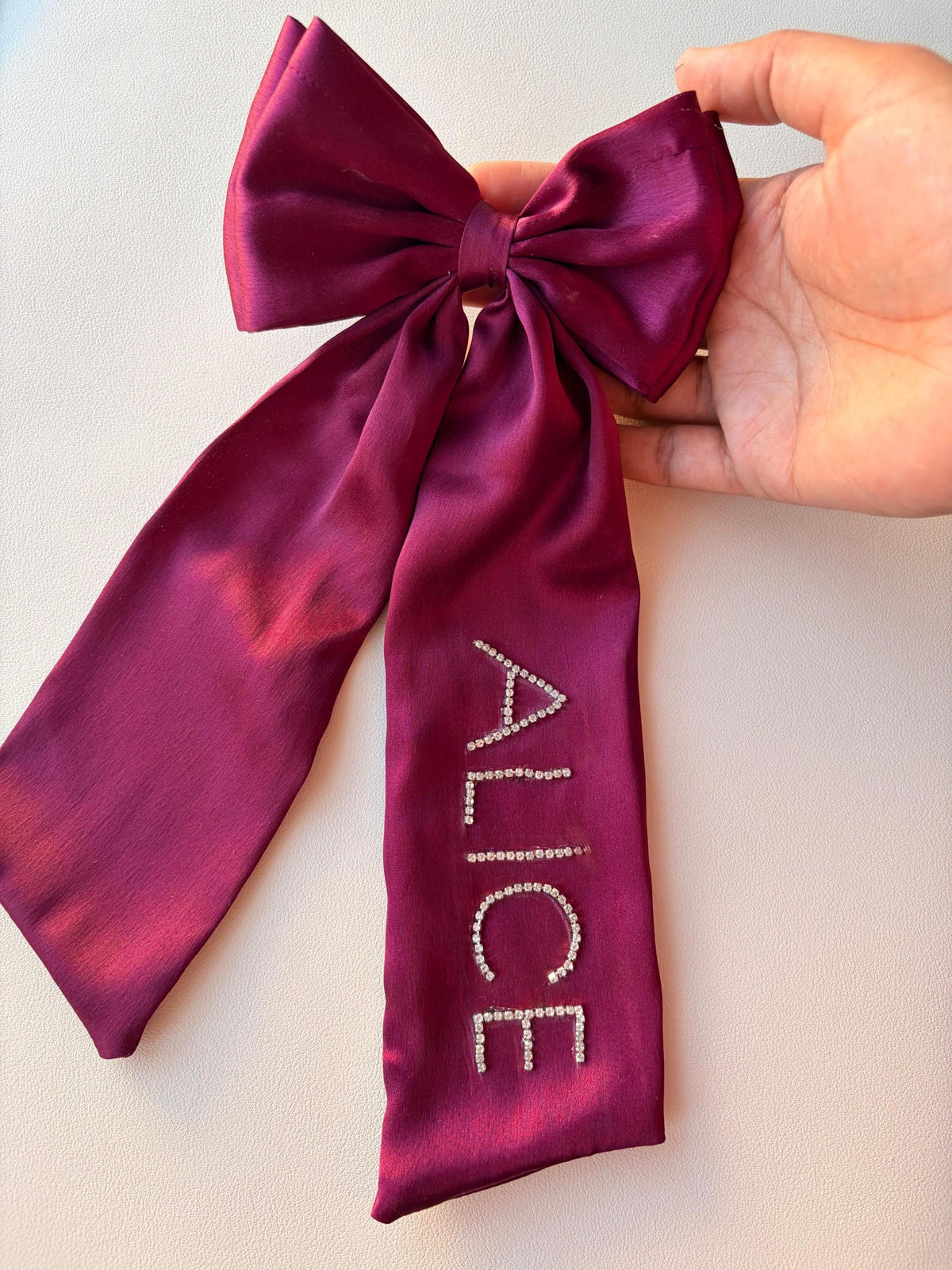 Personalized Rhinestone Satin Hair Bow, Oversized Long Tail Ribbon Clip
