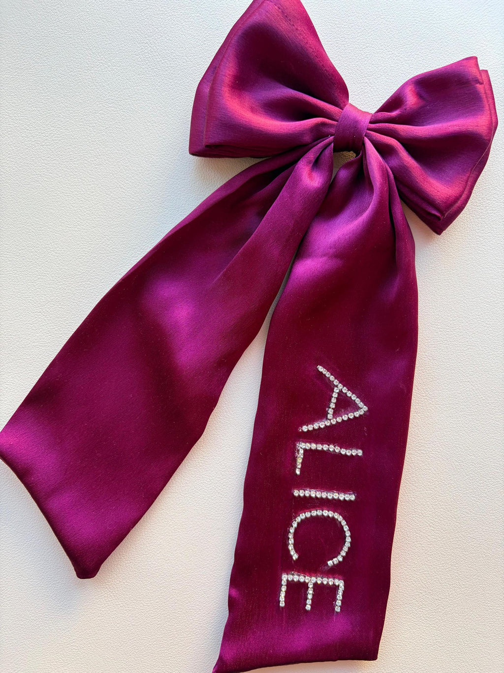 Personalized Rhinestone Satin Hair Bow, Oversized Long Tail Ribbon Clip