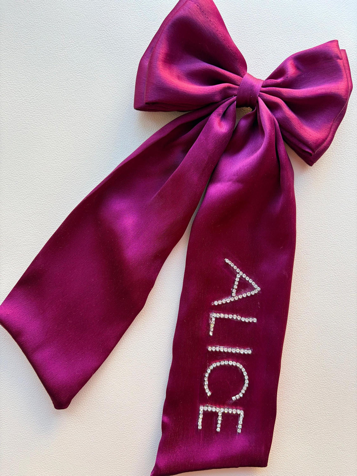 Personalized Rhinestone Satin Hair Bow, Oversized Long Tail Ribbon Clip