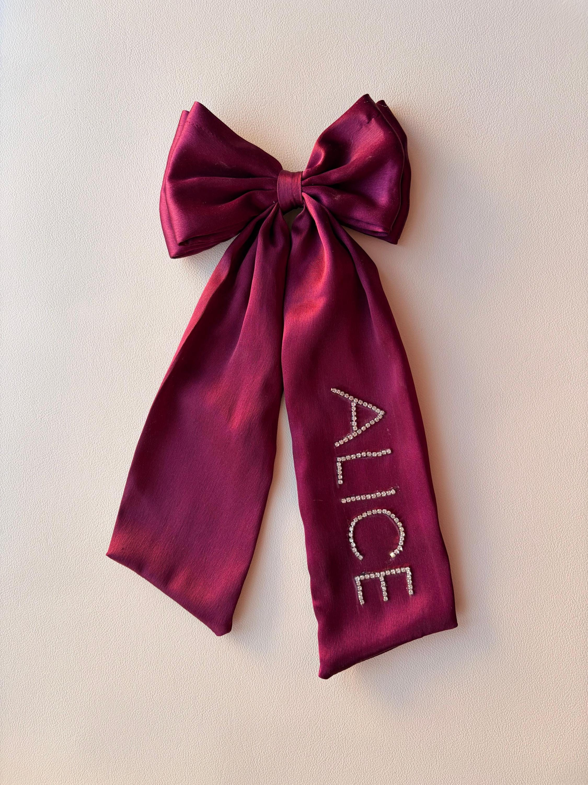 Personalized Rhinestone Satin Hair Bow, Oversized Long Tail Ribbon Clip