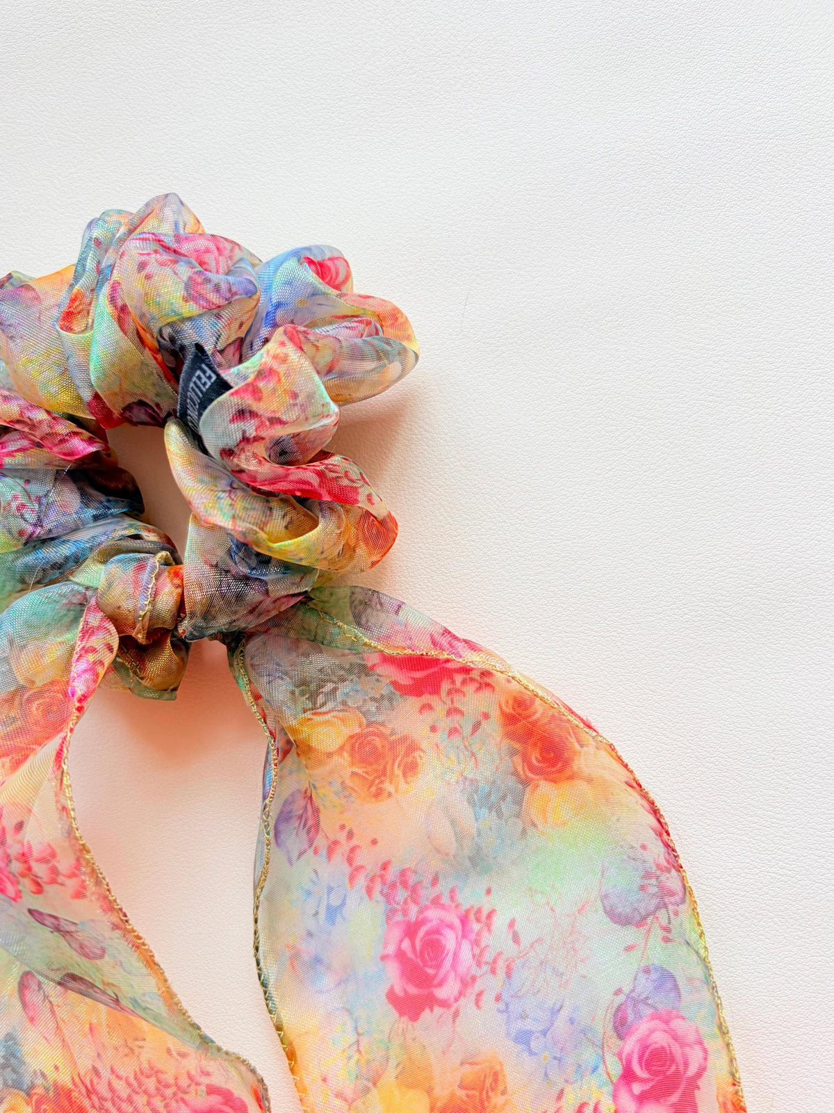 Chiffon Scarf Scrunchie, Long Tail Ribbon Bow, Boho Ponytail Holder, Floral Hair Accessory