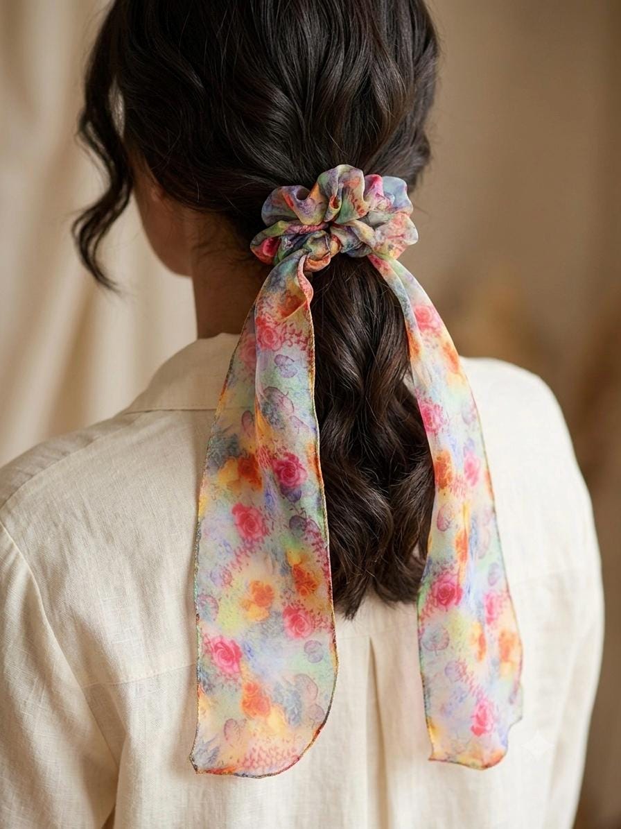 Chiffon Scarf Scrunchie, Long Tail Ribbon Bow, Boho Ponytail Holder, Floral Hair Accessory