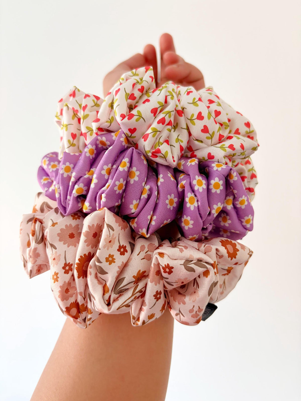 Oversized Floral Satin Scrunchie, Jumbo Silk Hair Tie, Cottagecore Style Accessories