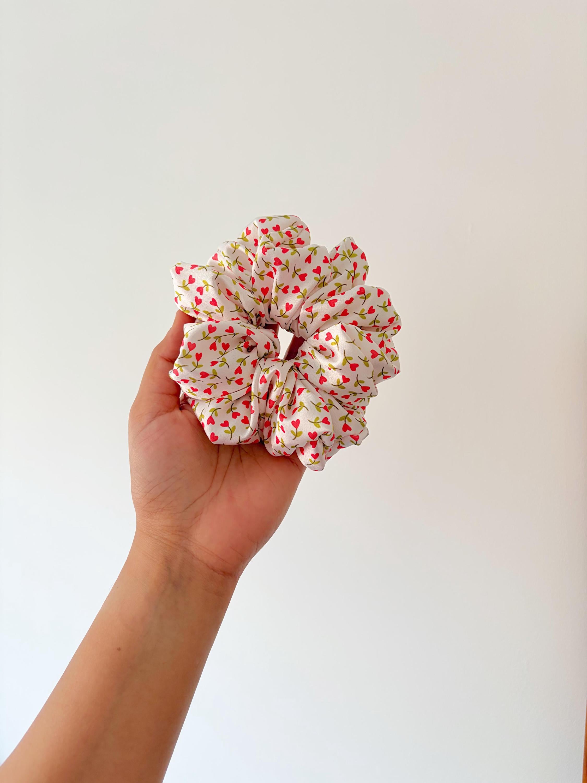 Oversized Floral Satin Scrunchie, Jumbo Silk Hair Tie, Cottagecore Style Accessories