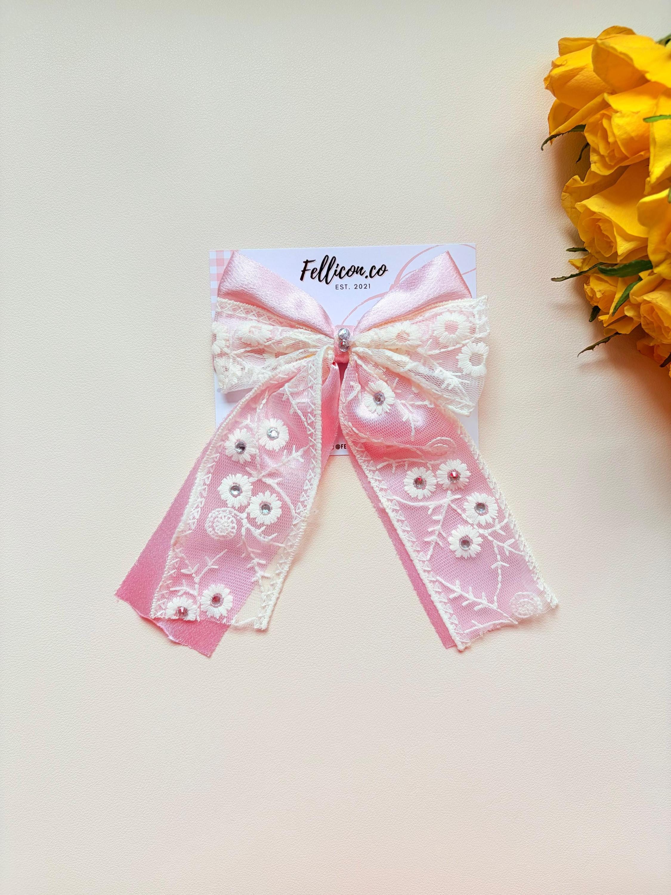 Pink Lace Hair Bow with Rhinestones | Floral Embroidery Clip for Cottagecore Weddings
