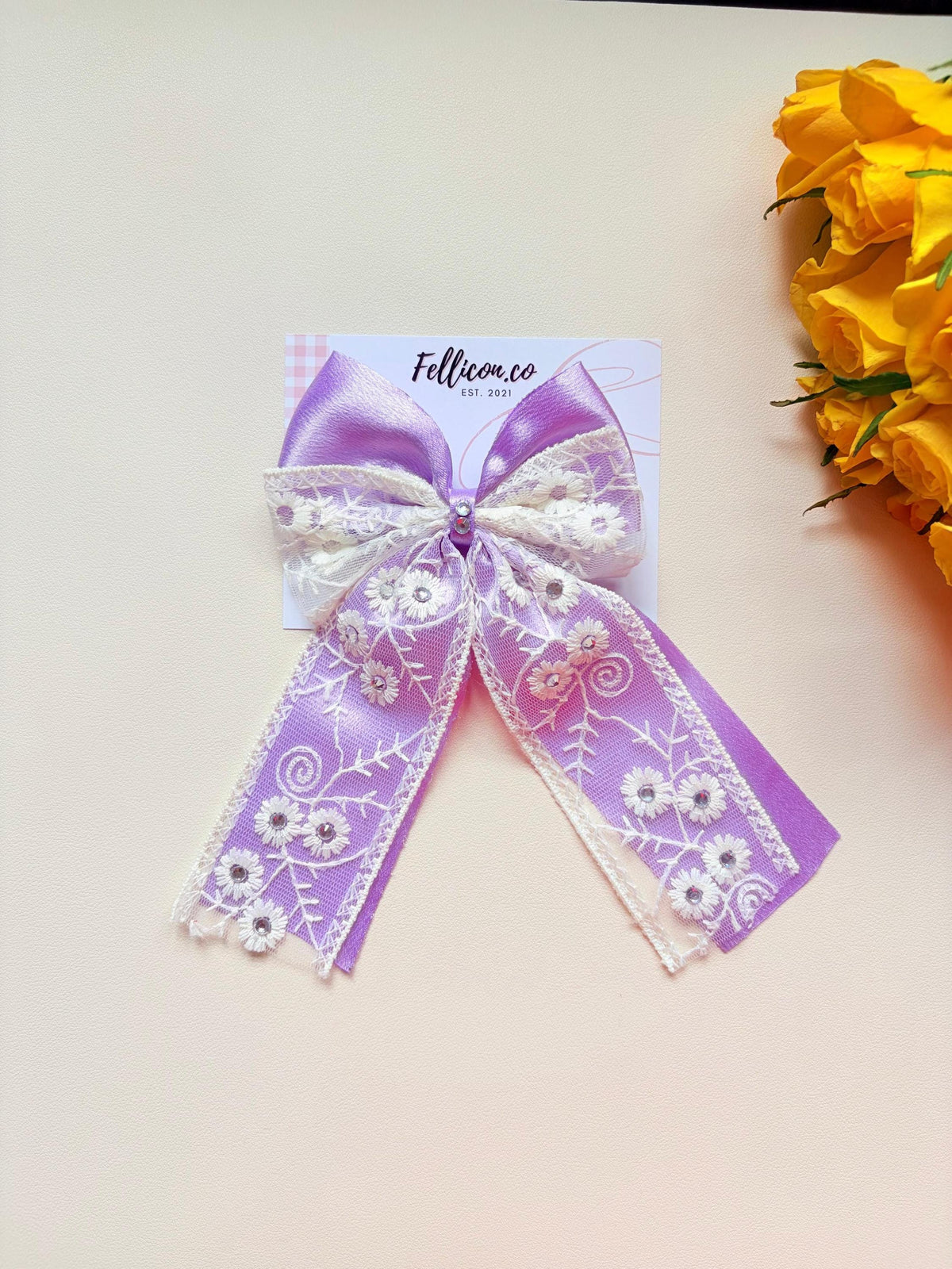 Pink Lace Hair Bow with Rhinestones | Floral Embroidery Clip for Cottagecore Weddings