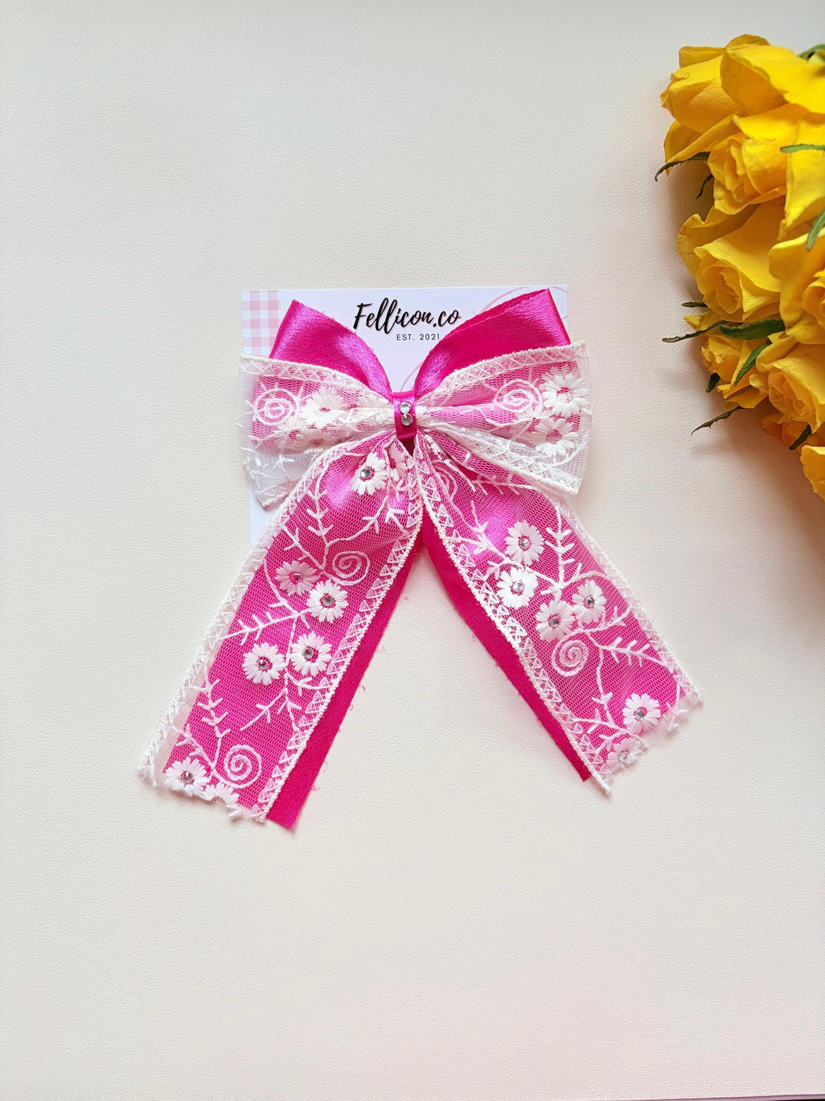 Pink Lace Hair Bow with Rhinestones | Floral Embroidery Clip for Cottagecore Weddings