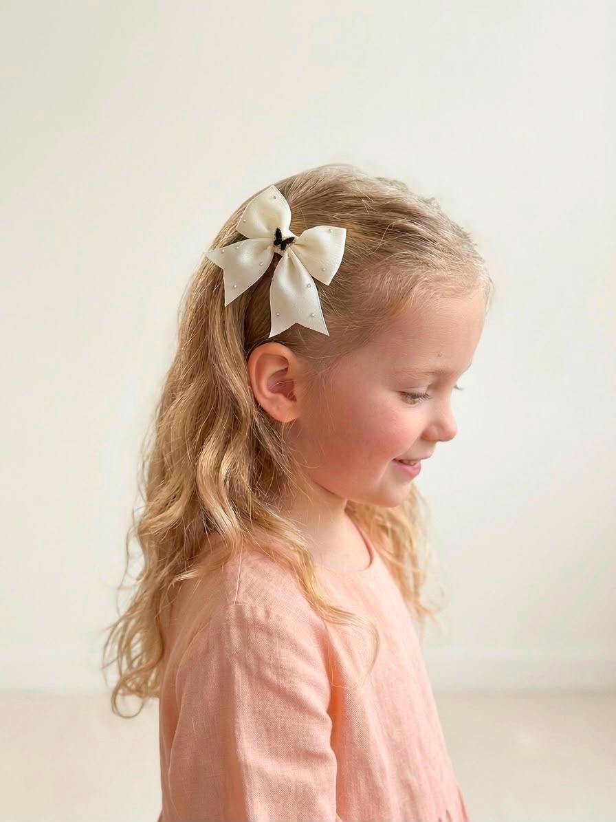 Ivory Butterfly Hair Bow with Pearls, Handmade Coquette Clip for Girls